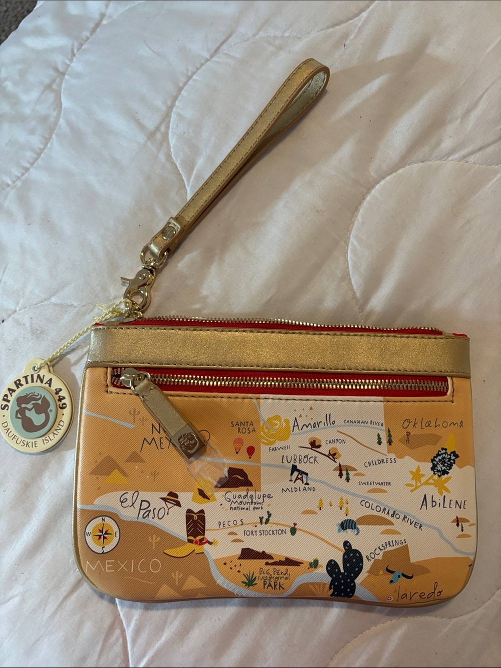 Spartina 449 Yellow Map-Print Wristlet with Gold Strap